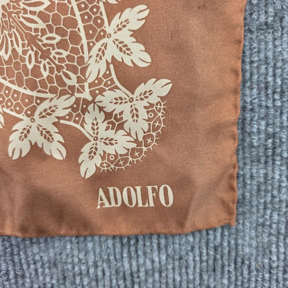 Adolfo Vintage Silk Scarf Copper Brown Cream Lace Floral Border Made in Japan